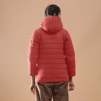 Back View of a Model wearing Brick Red Reversible Detachable Hoodie Quilted Cotton Jacket