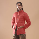Left View of a Model wearing Brick Red Reversible Detachable Hoodie Quilted Cotton Jacket
