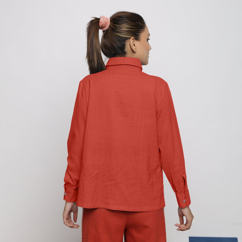 Back View of a Model wearing Brick Red Vegetable Dyed 100% Cotton Button-Down Shirt