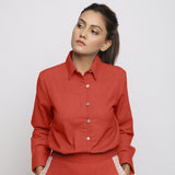 Front View of a Model wearing Brick Red Vegetable Dyed 100% Cotton Button-Down Shirt