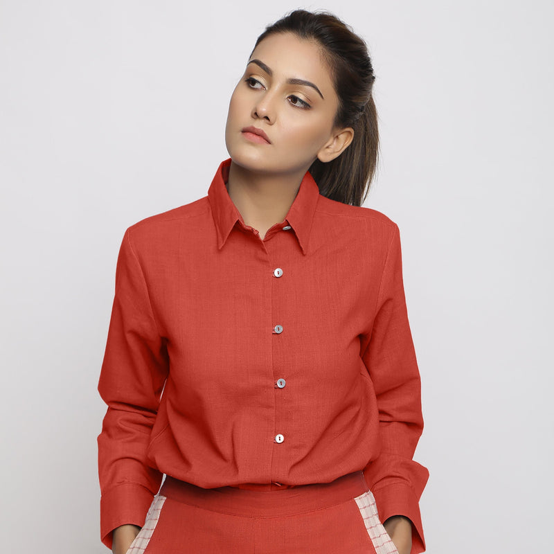Front View of a Model wearing Brick Red Vegetable Dyed 100% Cotton Button-Down Shirt