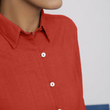 Front Detail of a Model wearing Brick Red Vegetable Dyed 100% Cotton Button-Down Shirt