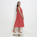 Right View of a Model wearing Brick Red Vegetable Dyed A-Line Paneled Dress