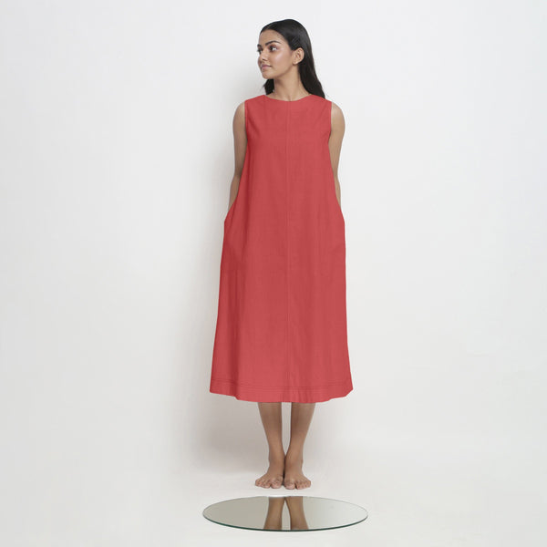 Front View of a Model wearing Brick Red Vegetable Dyed A-Line Paneled Dress