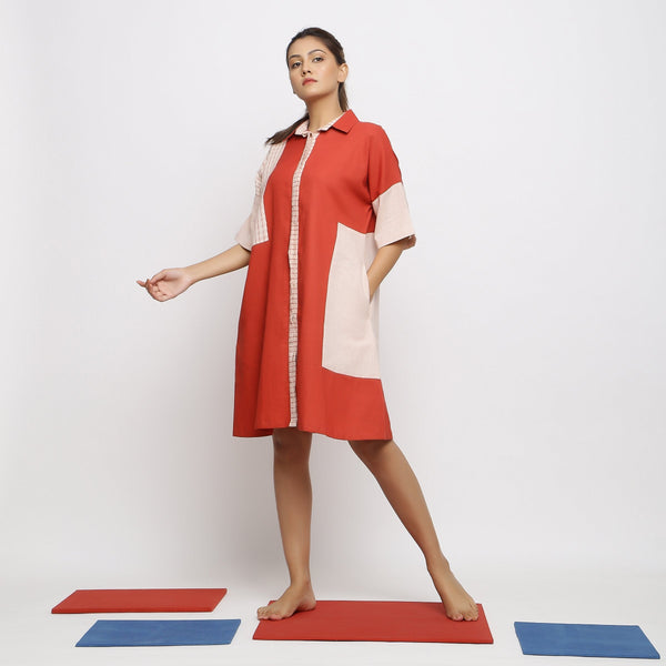 Front View of a Model wearing Brick Red Vegetable Dyed Cotton Button-Down Knee-Length Dress