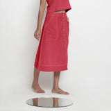 Right View of a Model wearing Brick Red Vegetable Dyed Button-Down Skirt