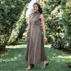 Bronze Grey Cotton Corduroy High-Neck Sleeveless Slit Dress