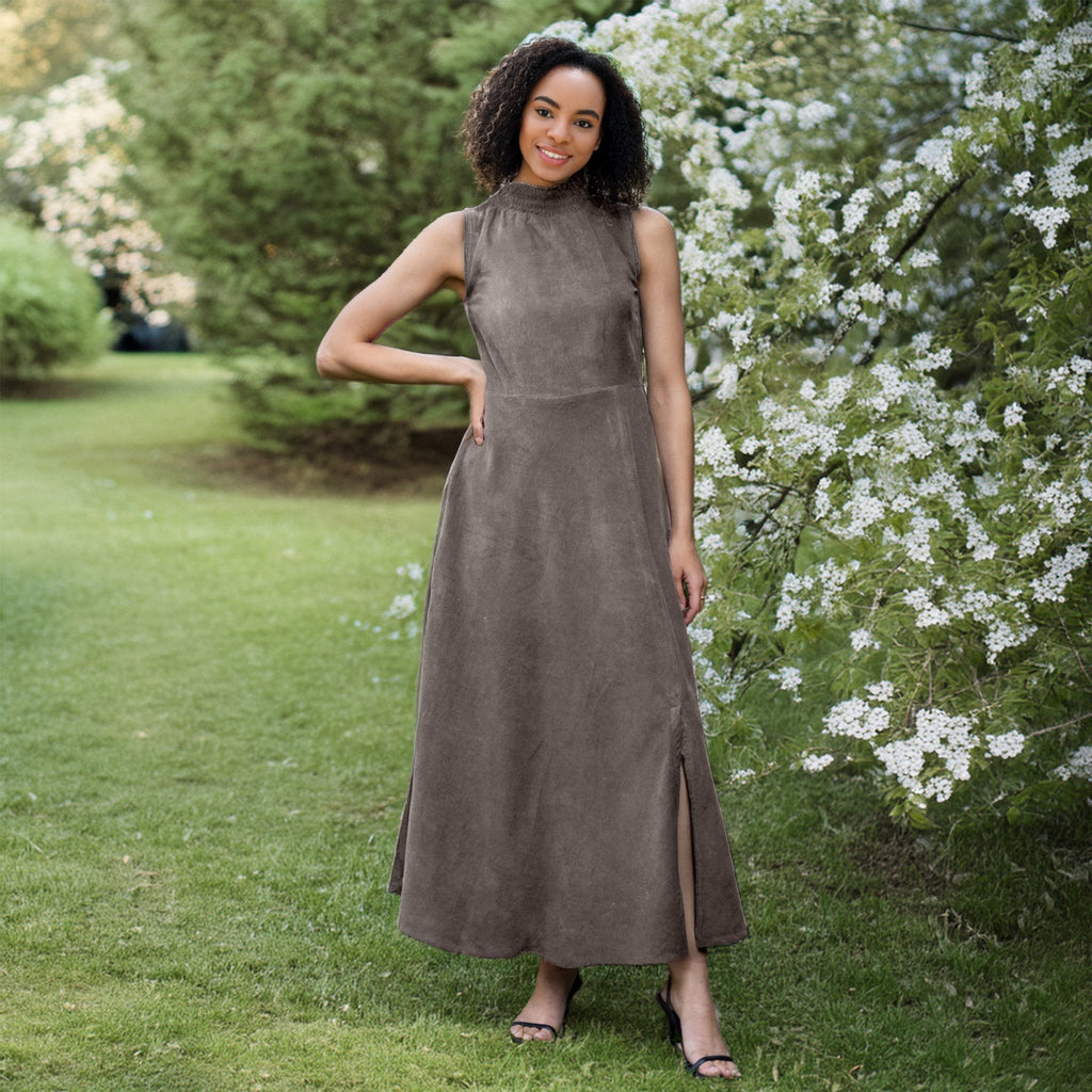 Bronze Grey Cotton Corduroy High-Neck Sleeveless Slit Dress