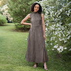 Bronze Grey Cotton Corduroy High-Neck Sleeveless Slit Dress
