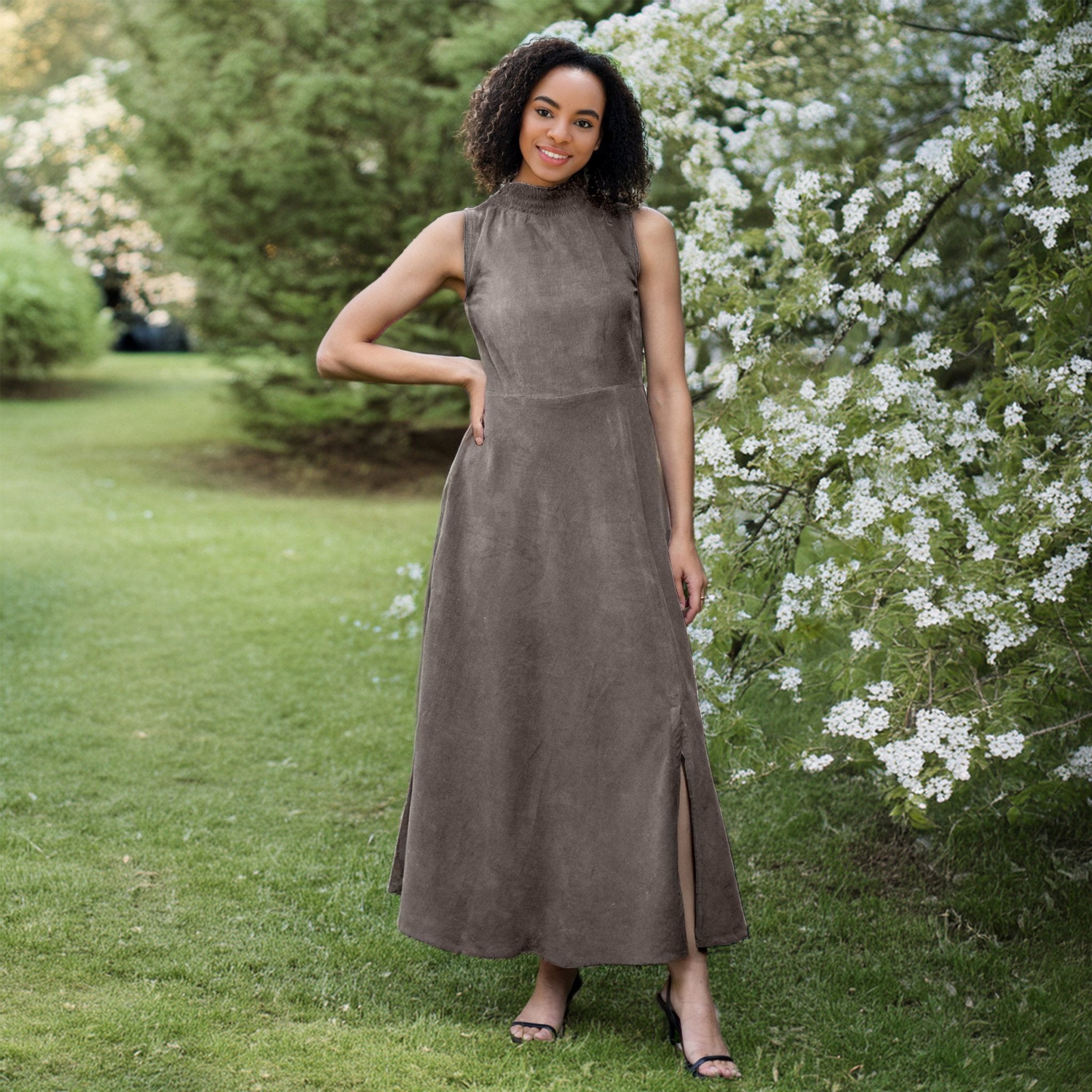 Bronze Grey Cotton Corduroy High-Neck Sleeveless Slit Dress