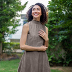 Bronze Grey Cotton Corduroy High-Neck Sleeveless Slit Dress