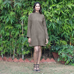 Bronze Grey Warm Cotton Corduroy A-Line Short Dress