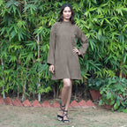 Bronze Grey Warm Cotton Corduroy A-Line Short Dress