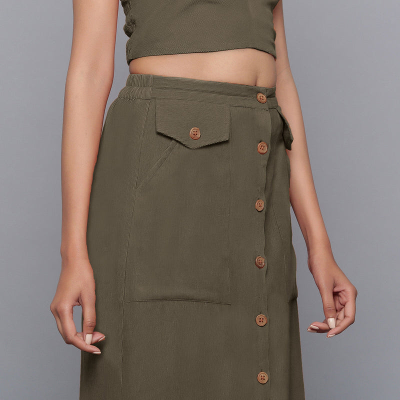 Bronze Grey Warm Cotton Corduroy Button-Down Midi Skirt