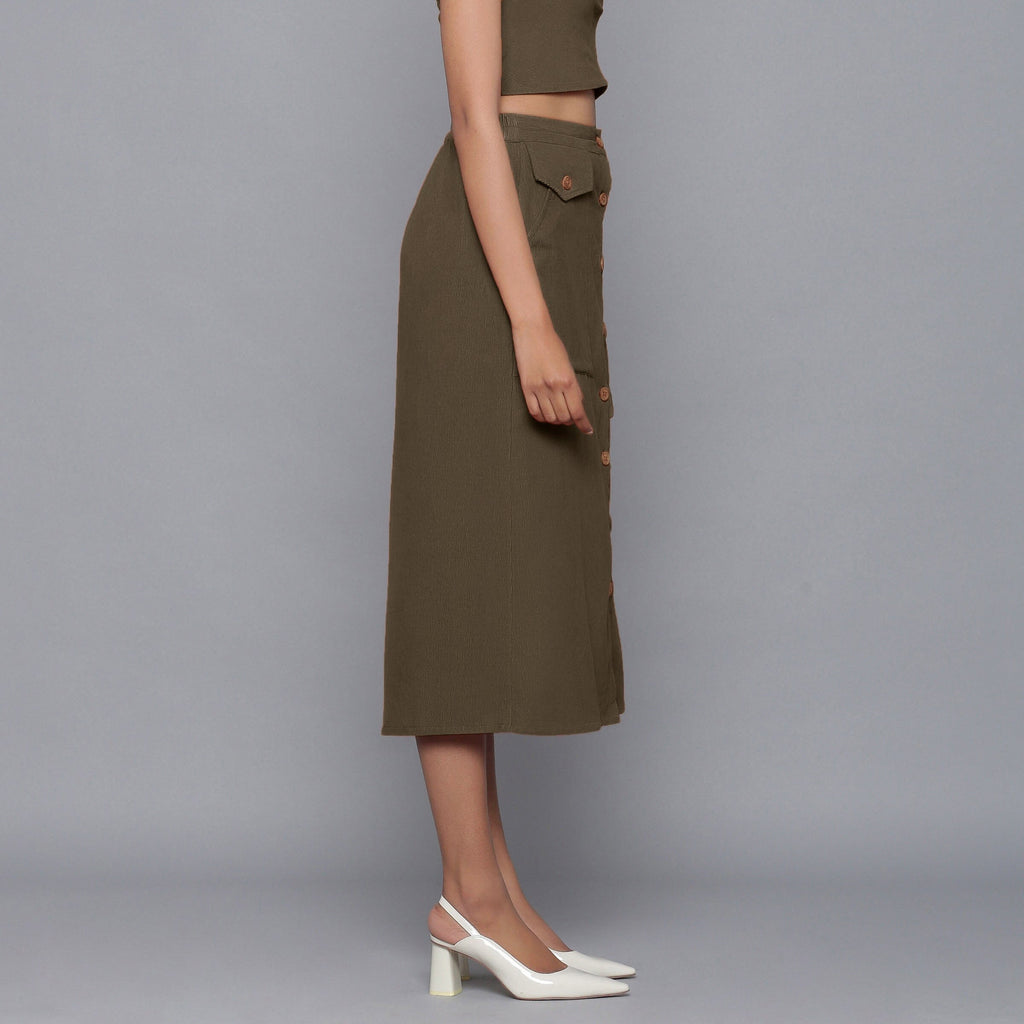 Bronze Grey Warm Cotton Corduroy Button-Down Midi Skirt