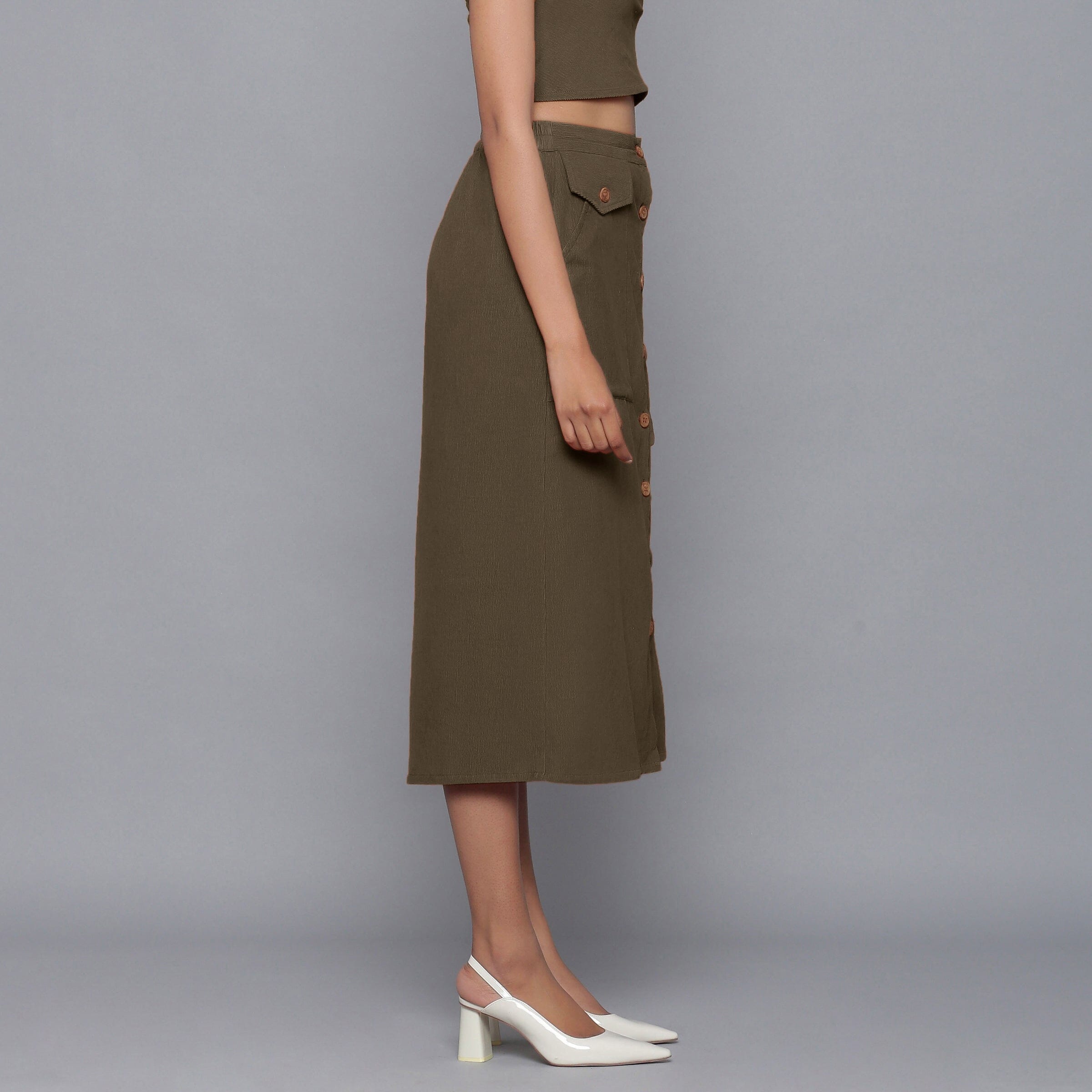 Bronze Grey Warm Cotton Corduroy Button-Down Midi Skirt
