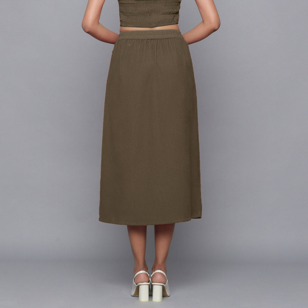 Bronze Grey Warm Cotton Corduroy Button-Down Midi Skirt