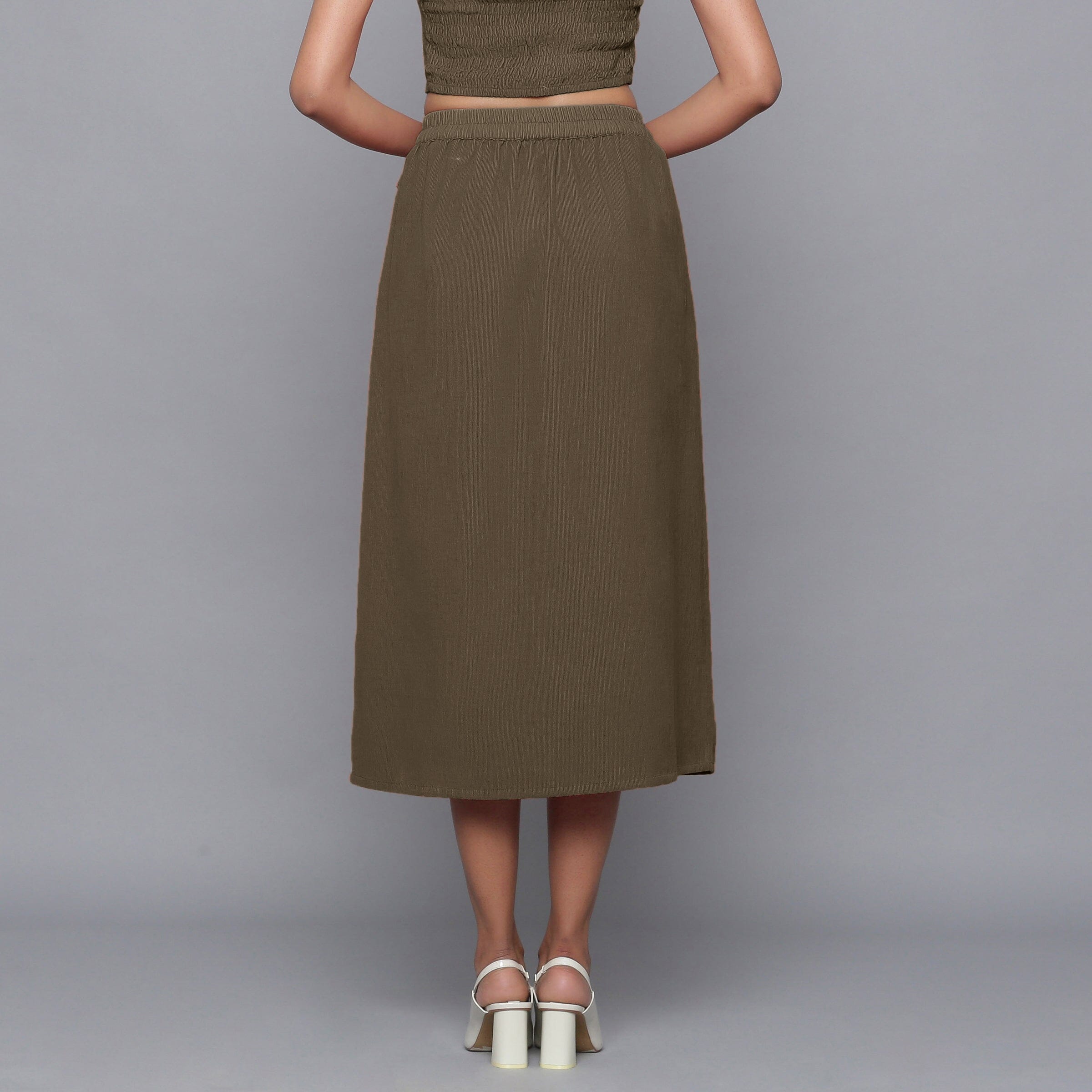 Bronze Grey Warm Cotton Corduroy Button-Down Midi Skirt