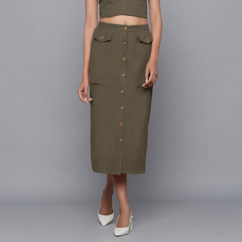 Bronze Grey Warm Cotton Corduroy Button-Down Midi Skirt