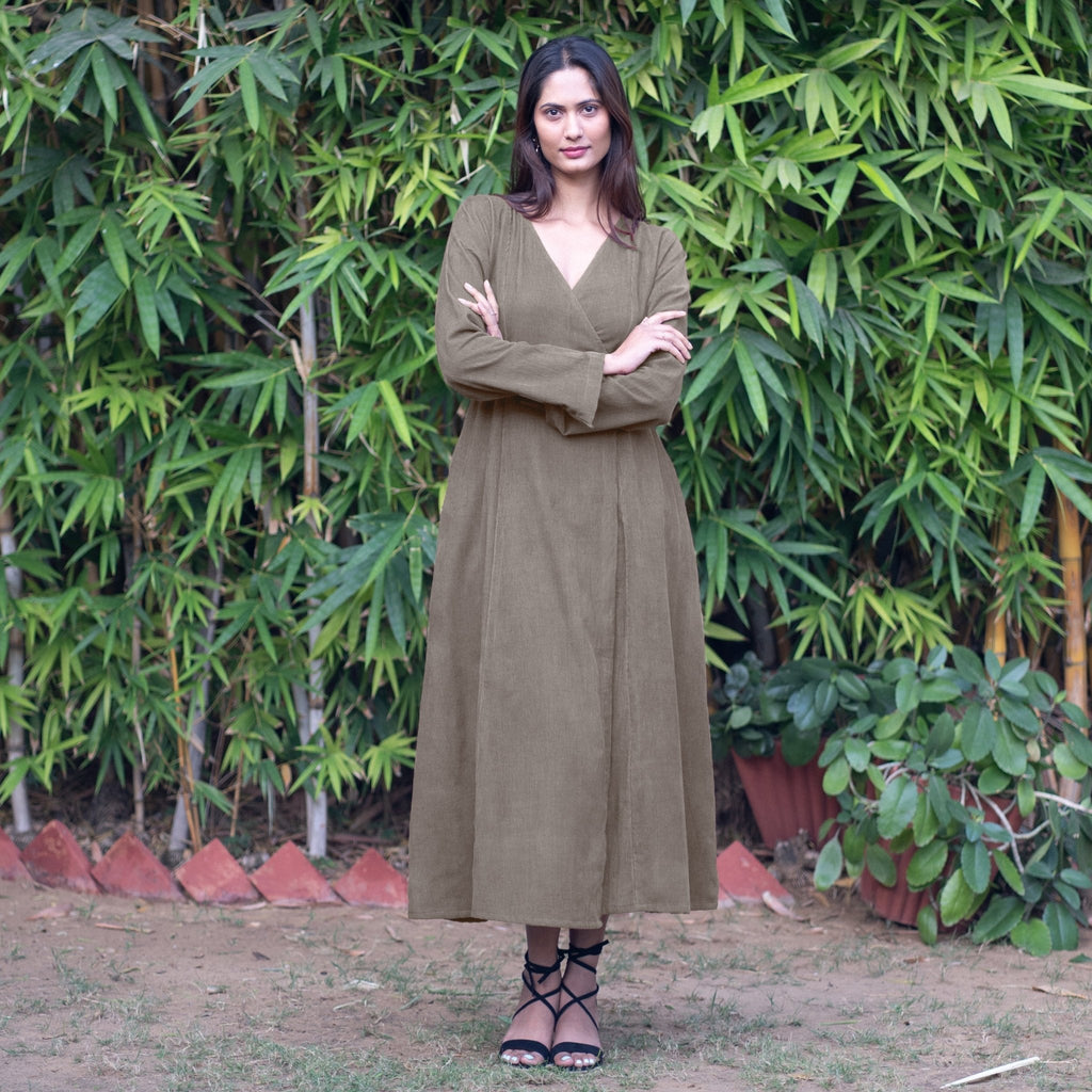 Bronze Grey Warm Cotton Corduroy Deep Neck Midi Wrap Dress