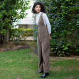 Bronze Grey Warm Cotton Corduroy Deep Neck Pinafore Jumpsuit