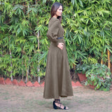 Bronze Grey Warm Cotton Corduroy Fit and Flare Maxi Dress