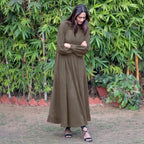 Bronze Grey Warm Cotton Corduroy Fit and Flare Maxi Dress