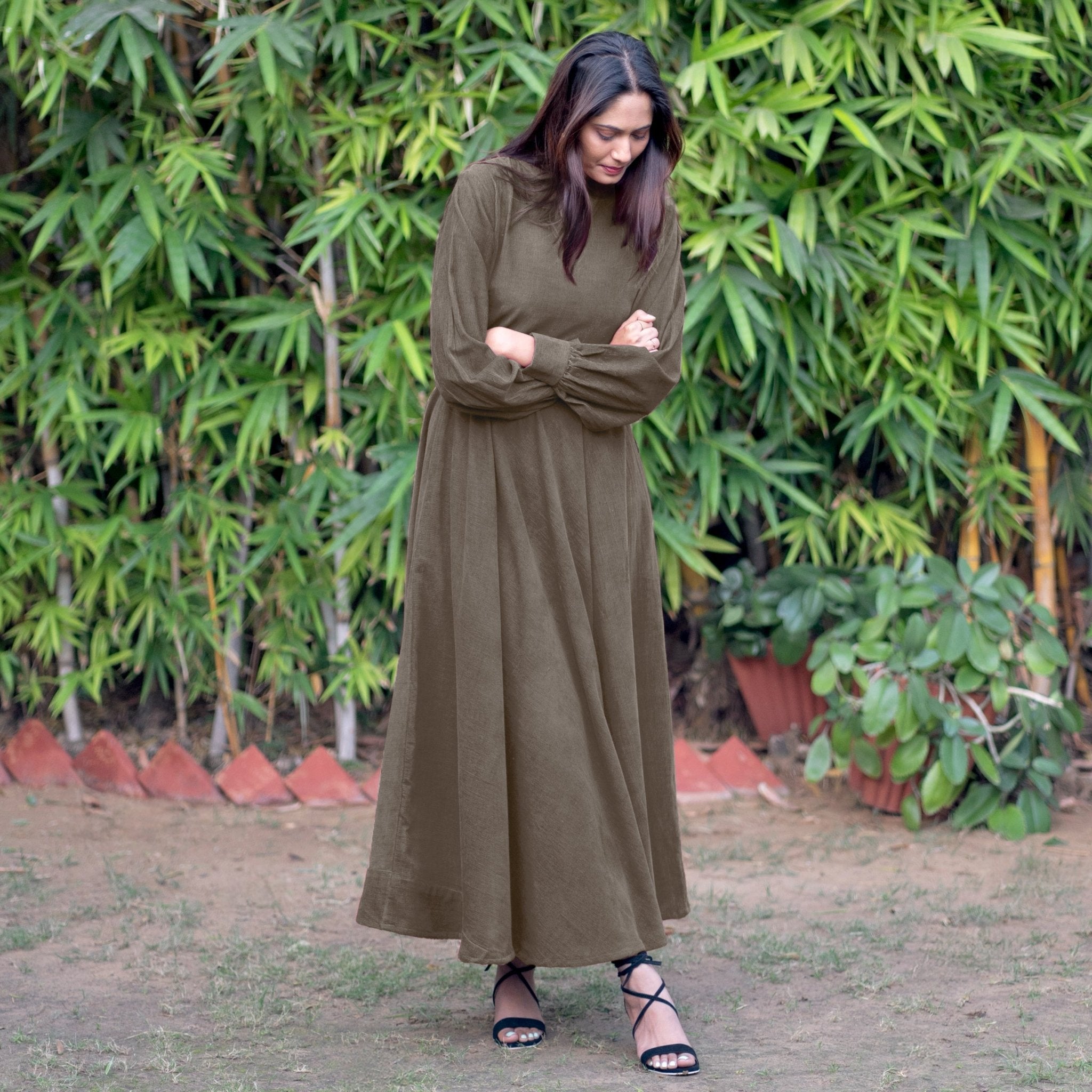 Bronze Grey Warm Cotton Corduroy Fit and Flare Maxi Dress