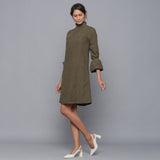 Bronze Grey Warm Cotton Corduroy High Neck Short Dress