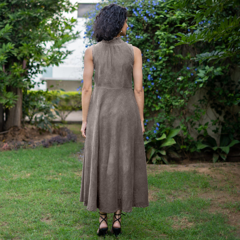 Bronze Grey Warm Cotton Corduroy High-Neck Sleeveless Slit Dress