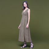 Bronze Grey Warm Cotton Corduroy Sleeveless Midi Wrap Dress