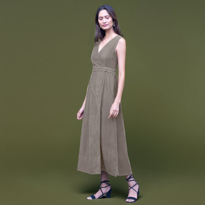 Bronze Grey Warm Cotton Corduroy Sleeveless Midi Wrap Dress