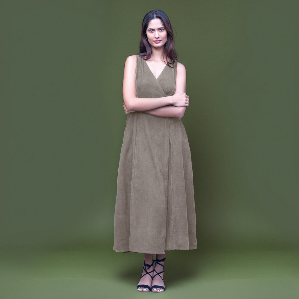 Bronze Grey Warm Cotton Corduroy Sleeveless Midi Wrap Dress