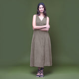 Bronze Grey Warm Cotton Corduroy Sleeveless Midi Wrap Dress