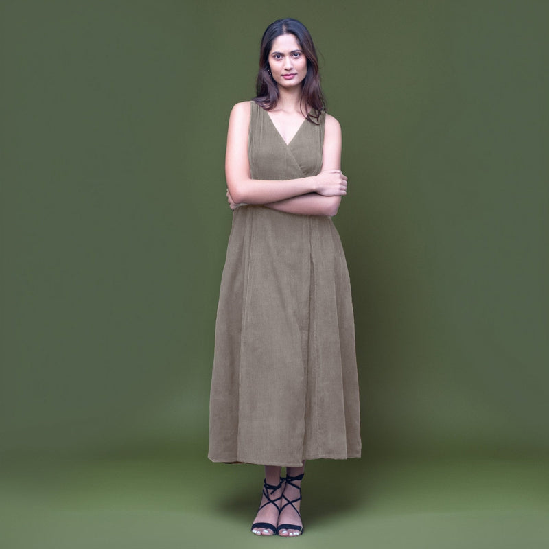 Bronze Grey Warm Cotton Corduroy Sleeveless Midi Wrap Dress