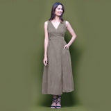 Bronze Grey Warm Cotton Corduroy Sleeveless Midi Wrap Dress