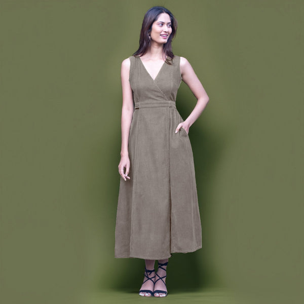 Bronze Grey Warm Cotton Corduroy Sleeveless Midi Wrap Dress
