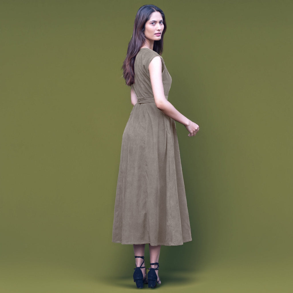 Bronze Grey Warm Cotton Corduroy Sleeveless Midi Wrap Dress