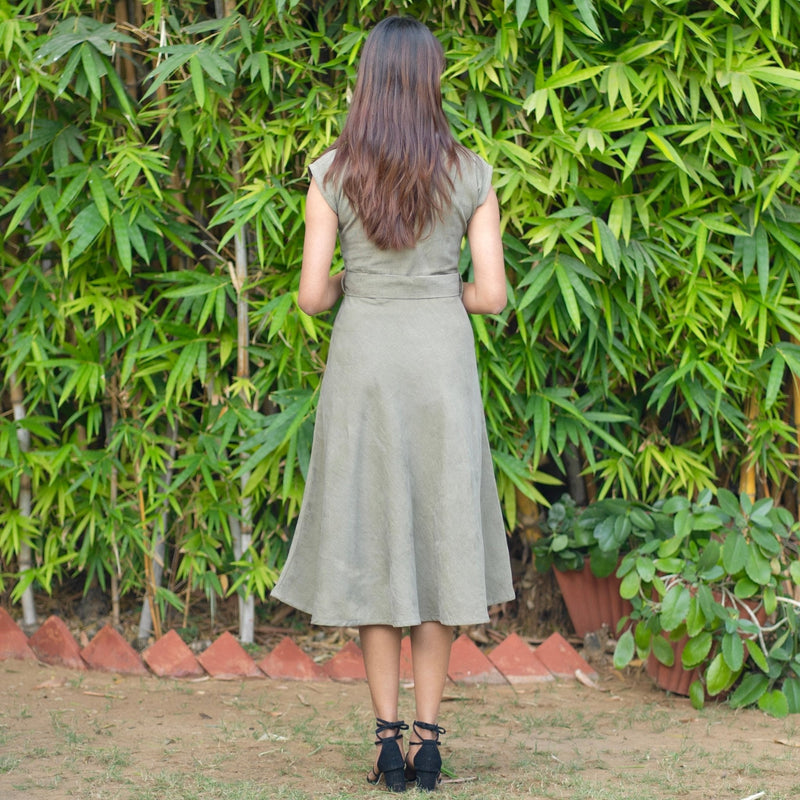 Bronze Grey Warm Cotton Corduroy V-Neck Fit and Flare Midi Dress