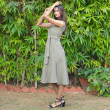 Bronze Grey Warm Cotton Corduroy V-Neck Fit and Flare Midi Dress