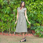 Bronze Grey Warm Cotton Corduroy V-Neck Fit and Flare Midi Dress