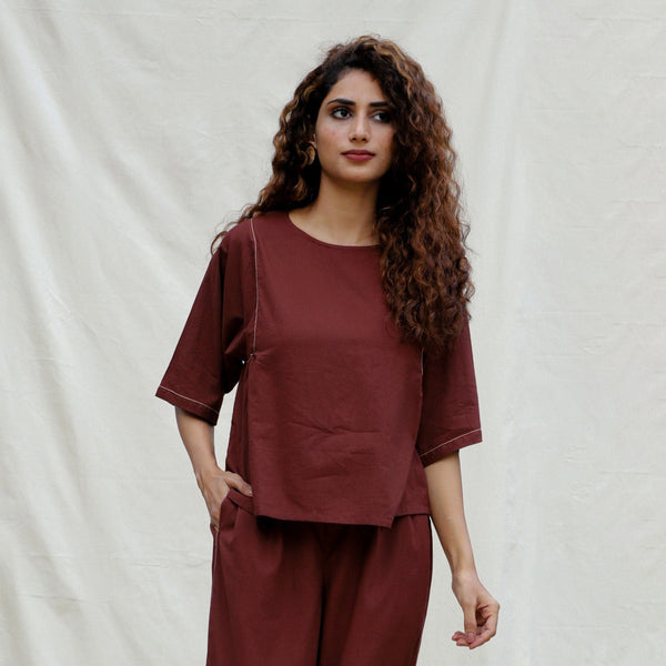 Front View of a Model wearing Brown 100% Cotton Drop Shoulder Sleeves Gathered Top