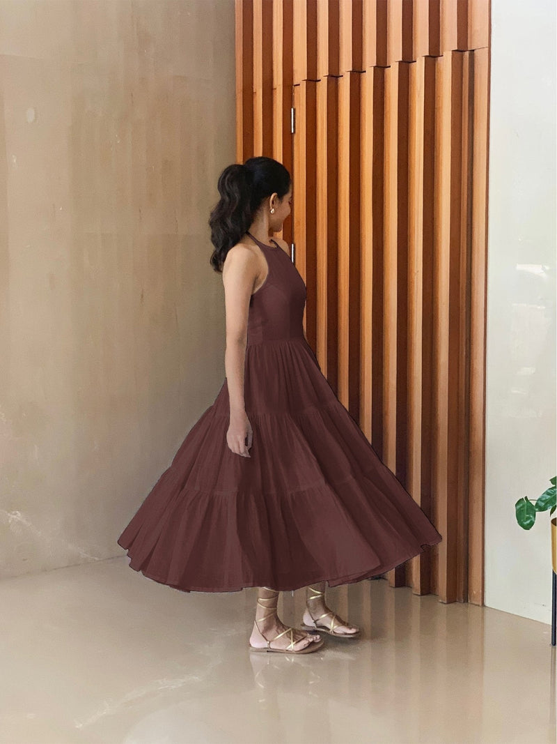 Brown 100% Cotton Halter Neck Tier Midi Dress