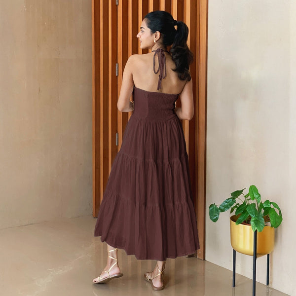 Brown 100% Cotton Halter Neck Tier Midi Dress