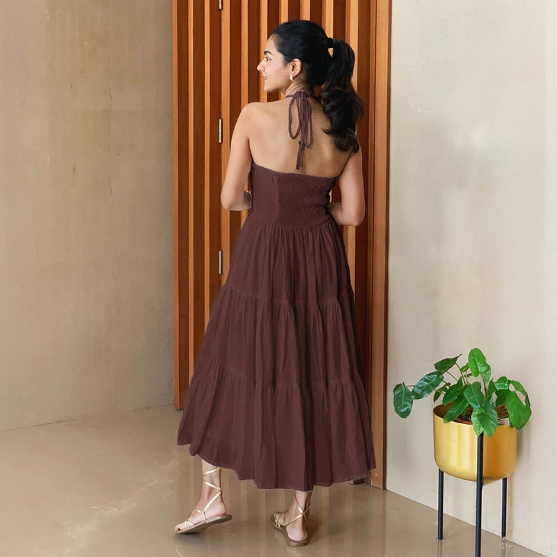 Brown 100% Cotton Halter Neck Tier Midi Dress
