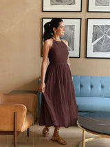 Brown 100% Cotton Halter Neck Tier Midi Dress