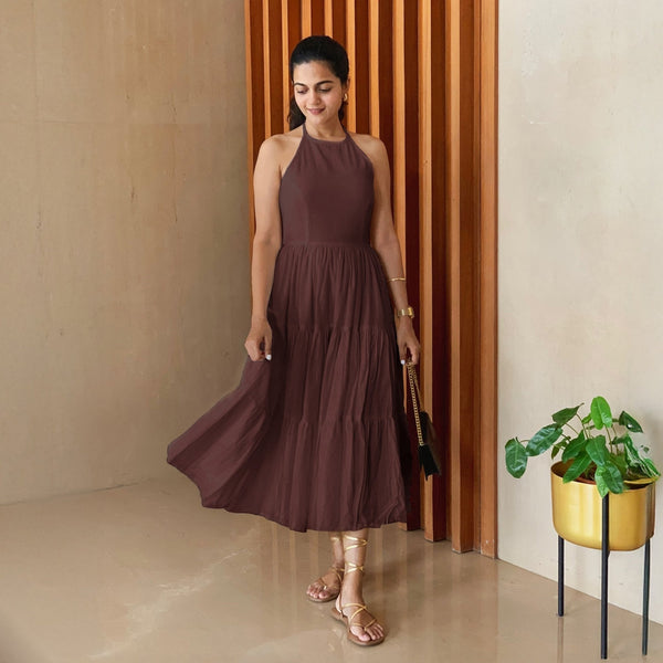 Brown 100% Cotton Halter Neck Tier Midi Dress