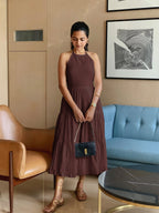 Brown 100% Cotton Halter Neck Tier Midi Dress