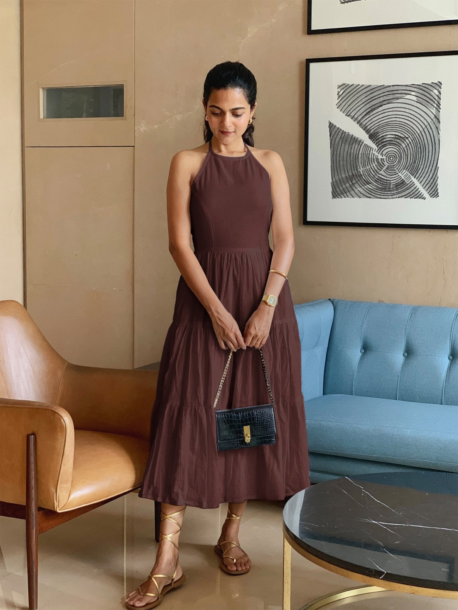 Brown 100% Cotton Halter Neck Tier Midi Dress