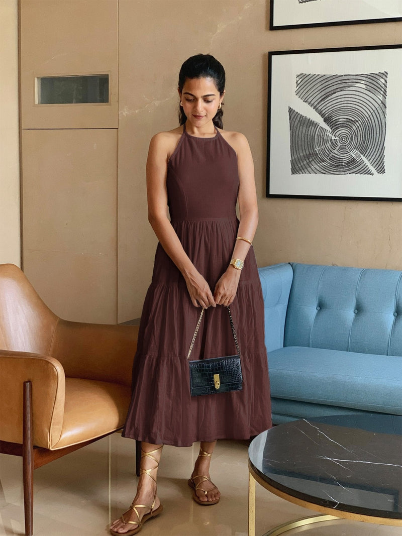 Brown 100% Cotton Halter Neck Tier Midi Dress